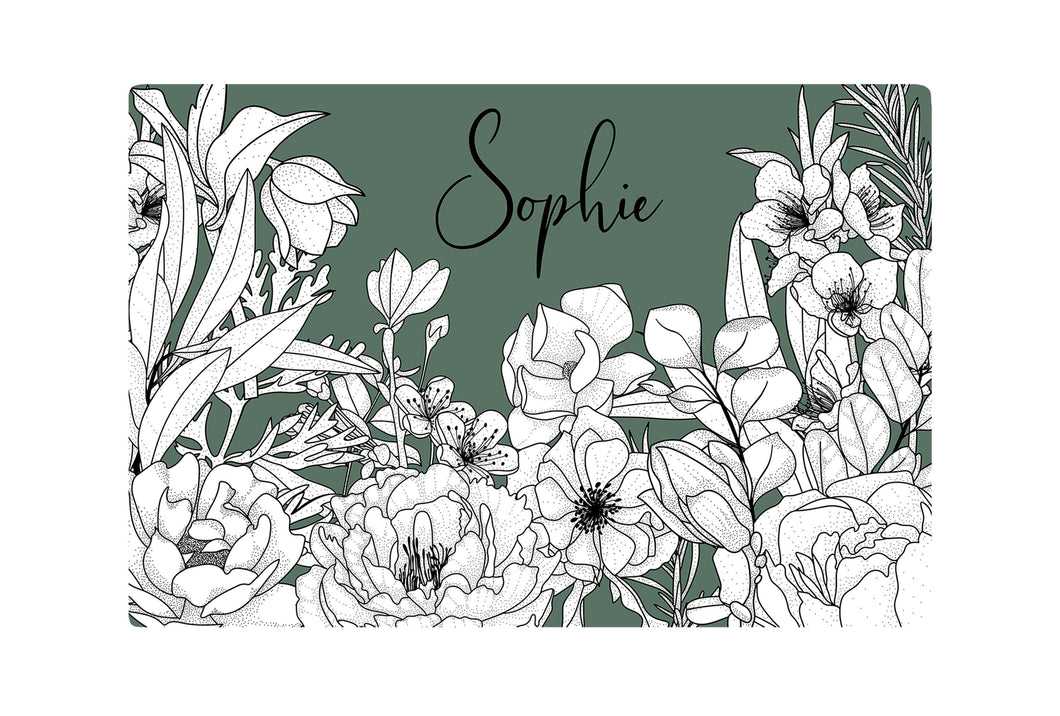 Green Floral Pet Placemat - Food/Water Mat - Custom Pet Mat - Personalized Name Placemat - Puppy Gift - Dog Gift - Cat Bowl Mat - Sage - Pup